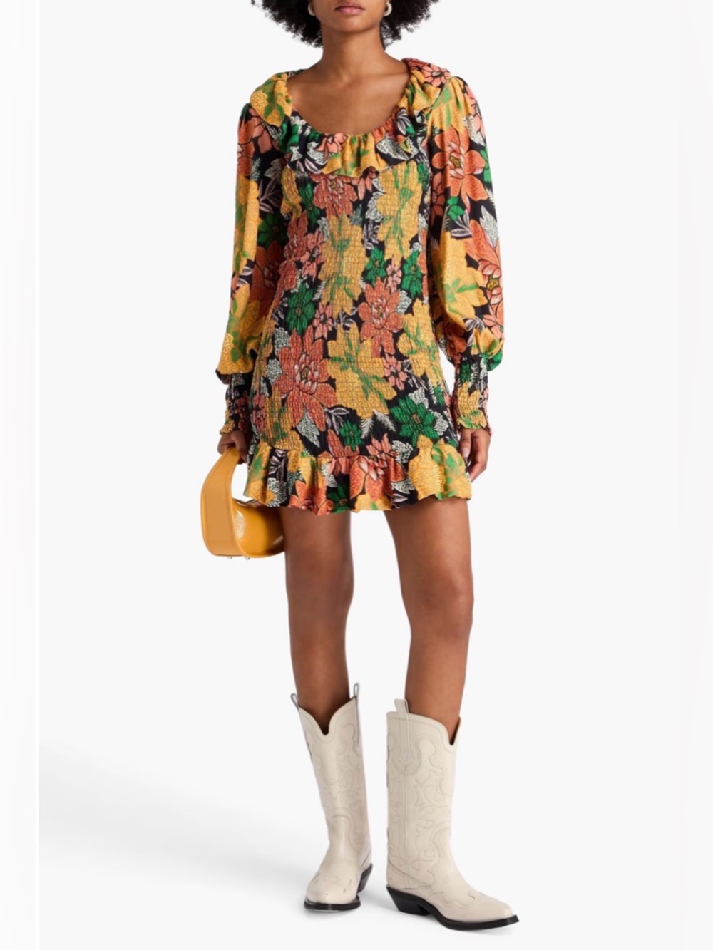 Farm Rio Garden Black Mini Dress XS NWT Floral Smocked Long Sleeve Boho $230
